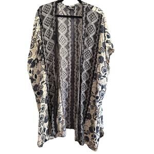 ANGIE | Black and blue Floral Open Front Cream and Blue Floral Kimono | Small